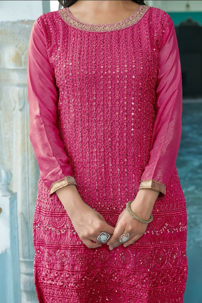 Teeya Creation Pink Colour Chinnon Silk Heavy Embroidery Work Fully Stitched Salwar Suit | Grocsy