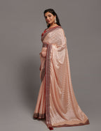 PR Fashion Peach Chinon Embroidery Lace Saree | Grocsy