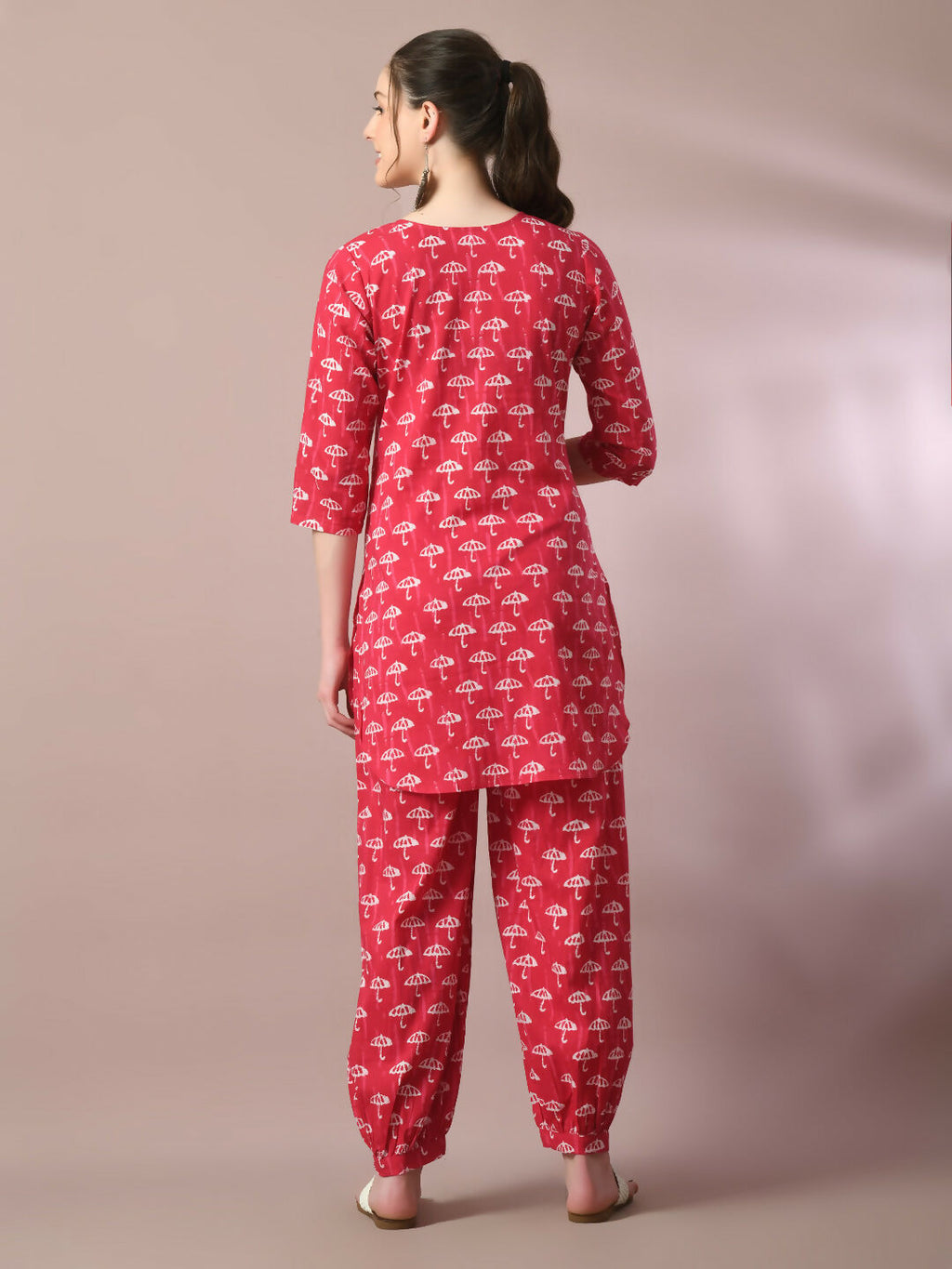 Myshka Women's Pink Printed Cotton Round Neck Party Tunic With Trousers Co-ord set | Grocsy