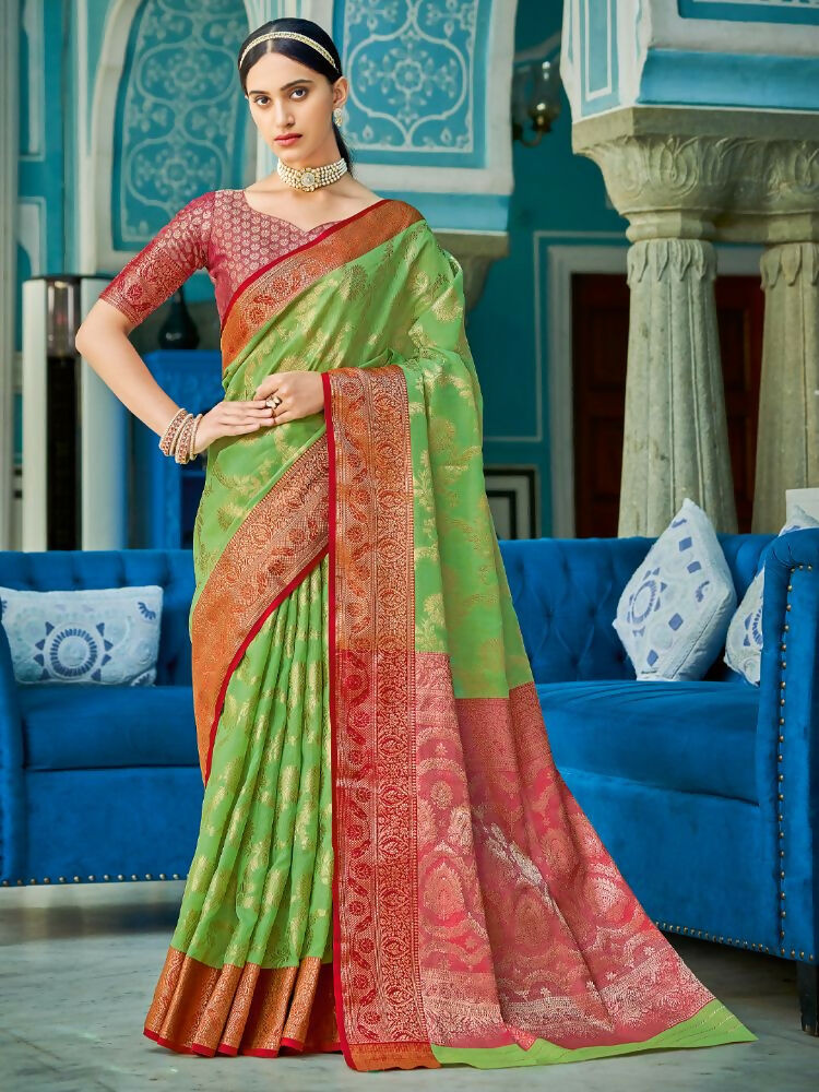 Shree Shyam Fashion Linen Cotton Light Green Saree | Grocsy