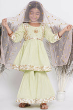 Little Bansi Floral Embroidery Jacket With Cotton Lurex Frock Sharara And Dupatta With Ghungroo Handwork - Bottle Green | Grocsy