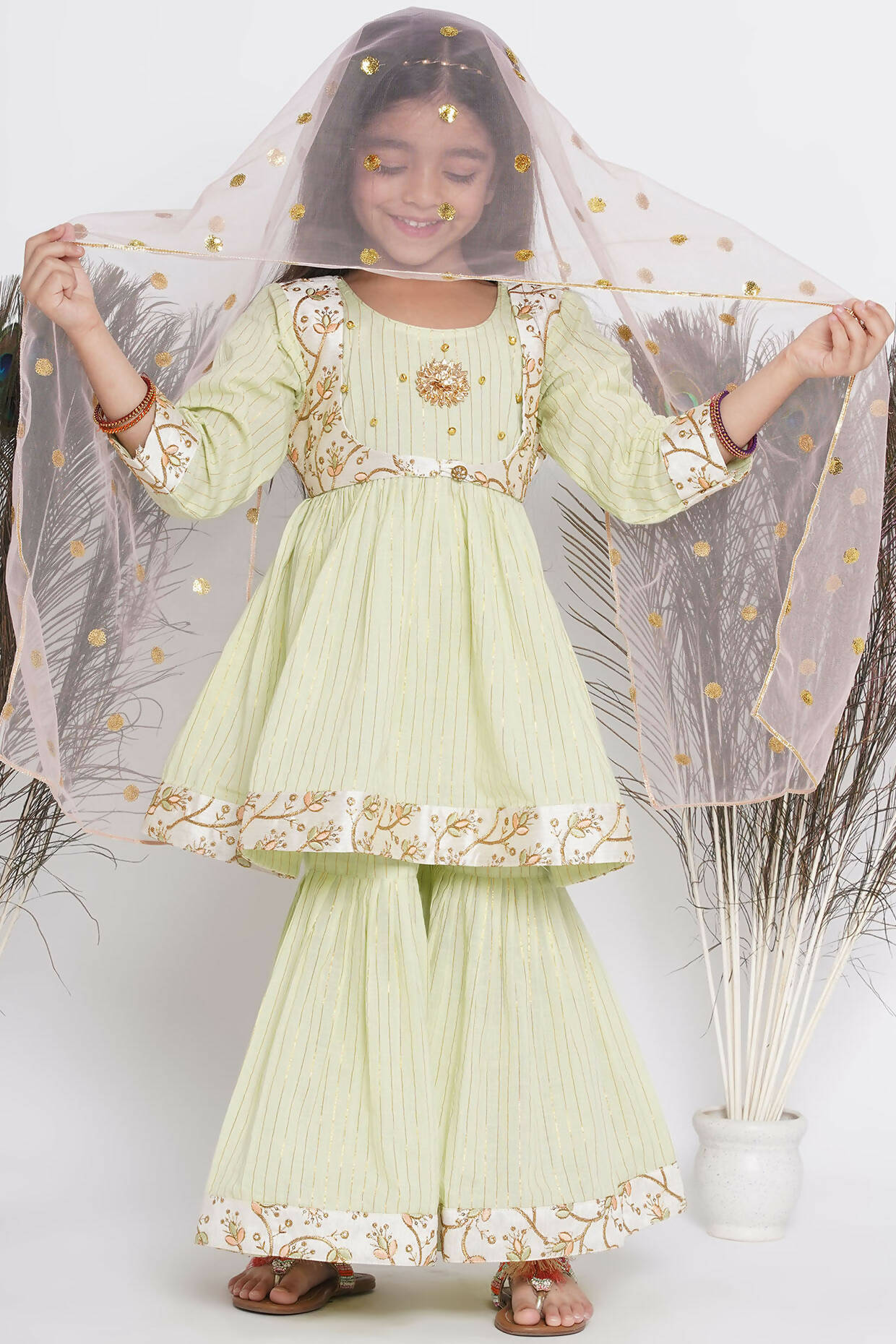Little Bansi Floral Embroidery Jacket With Cotton Lurex Frock Sharara And Dupatta With Ghungroo Handwork - Bottle Green | Grocsy