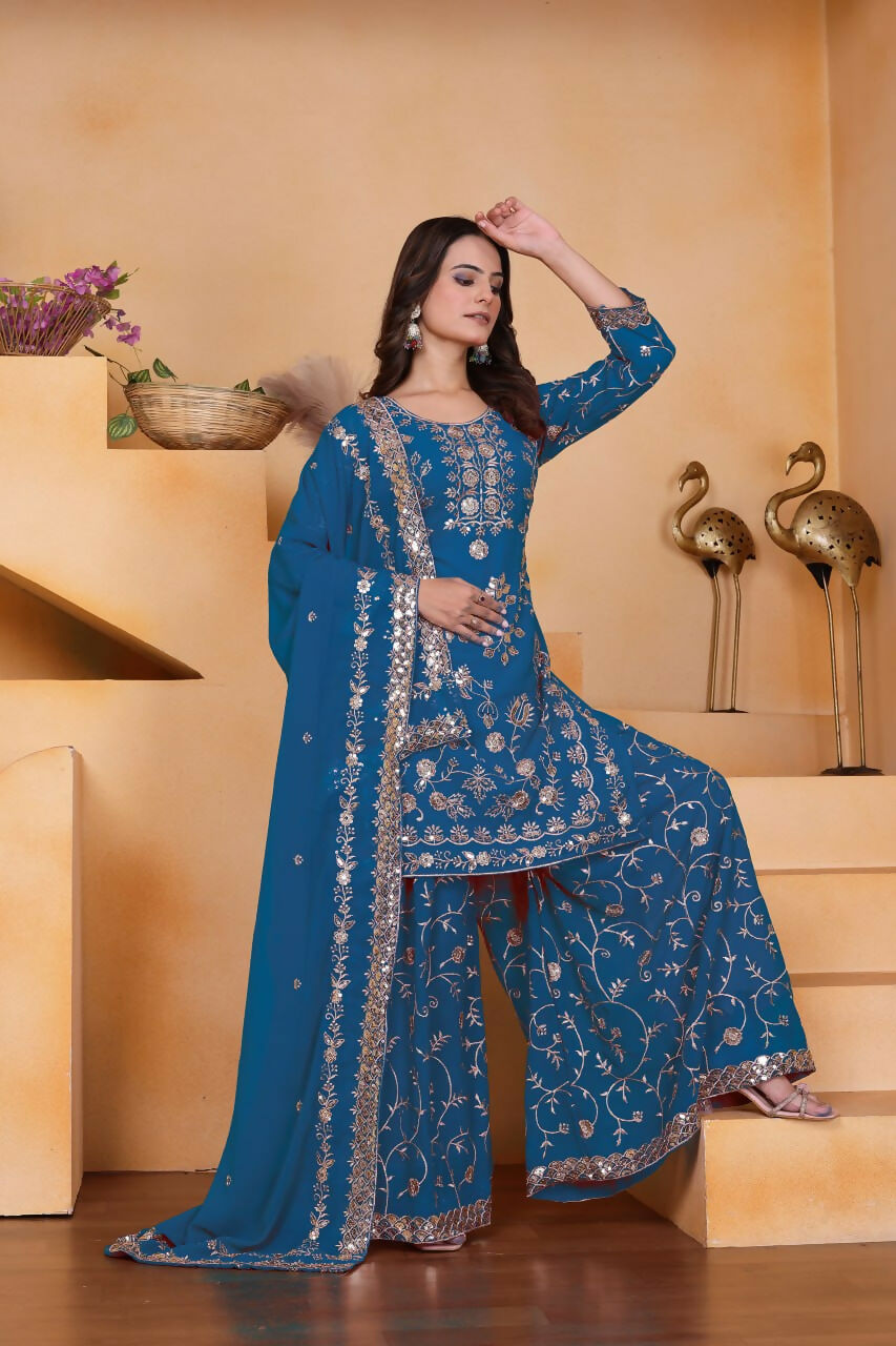 Teeya Creation Blue Color Faux Georgette Embroidery Work Wedding Wear Palazzo Set | Grocsy