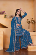 Teeya Creation Blue Color Faux Georgette Embroidery Work Wedding Wear Palazzo Set | Grocsy