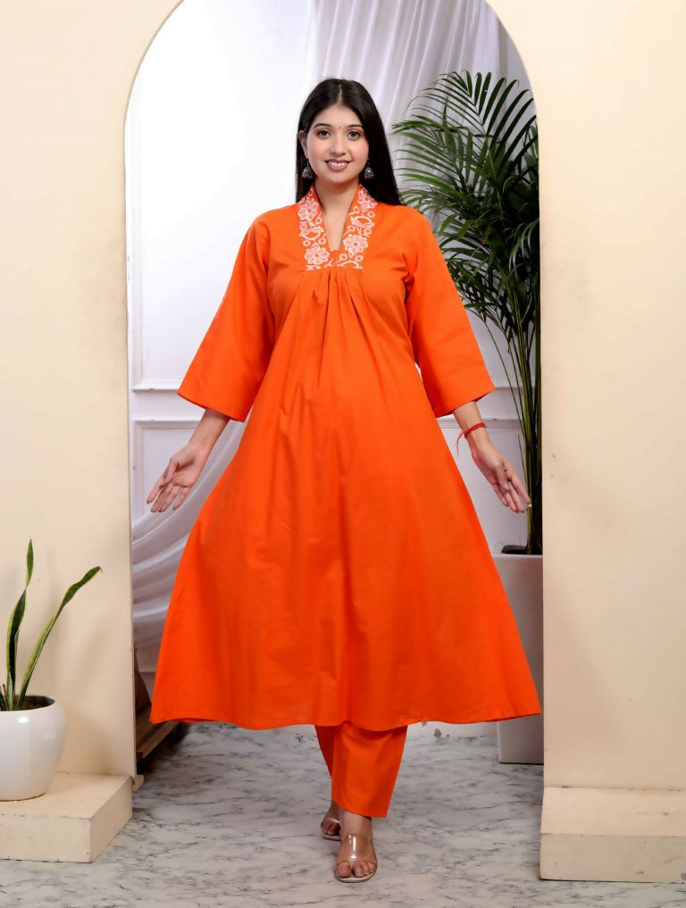 Miravan Women's Orange Cotton Embroidered A-Line Style Kurta And Palazzo | Grocsy
