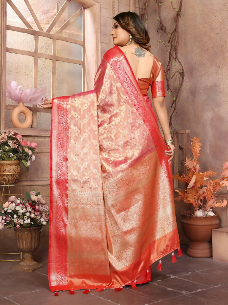 Anaita Pink Tissue Silk With Zari Weaving Saree With Blouse | Grocsy