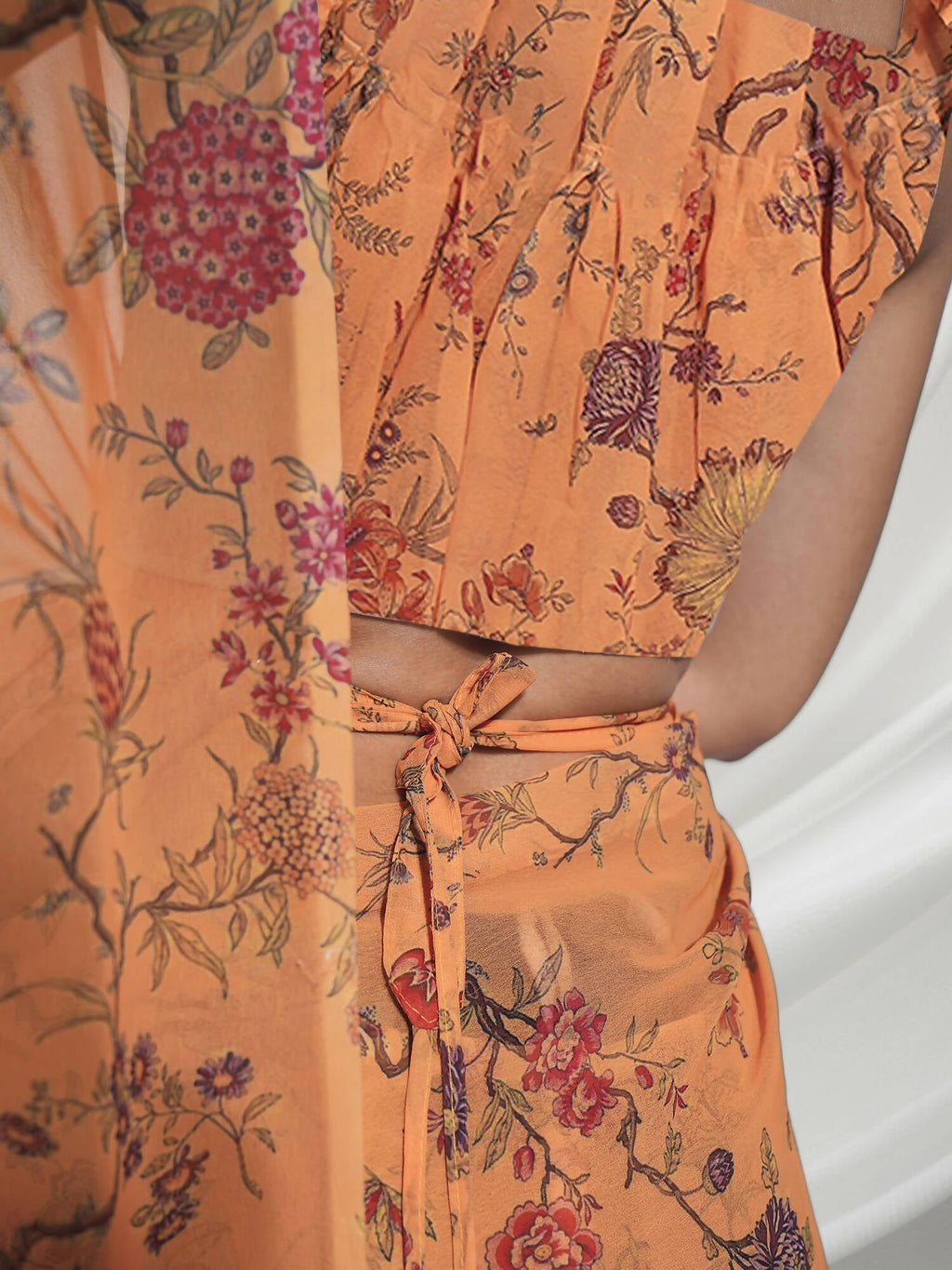 Orange Georgette Floral Printed Saree With Unstitched Blouse Piece - Rajal | Grocsy