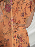 Orange Georgette Floral Printed Saree With Unstitched Blouse Piece - Rajal | Grocsy