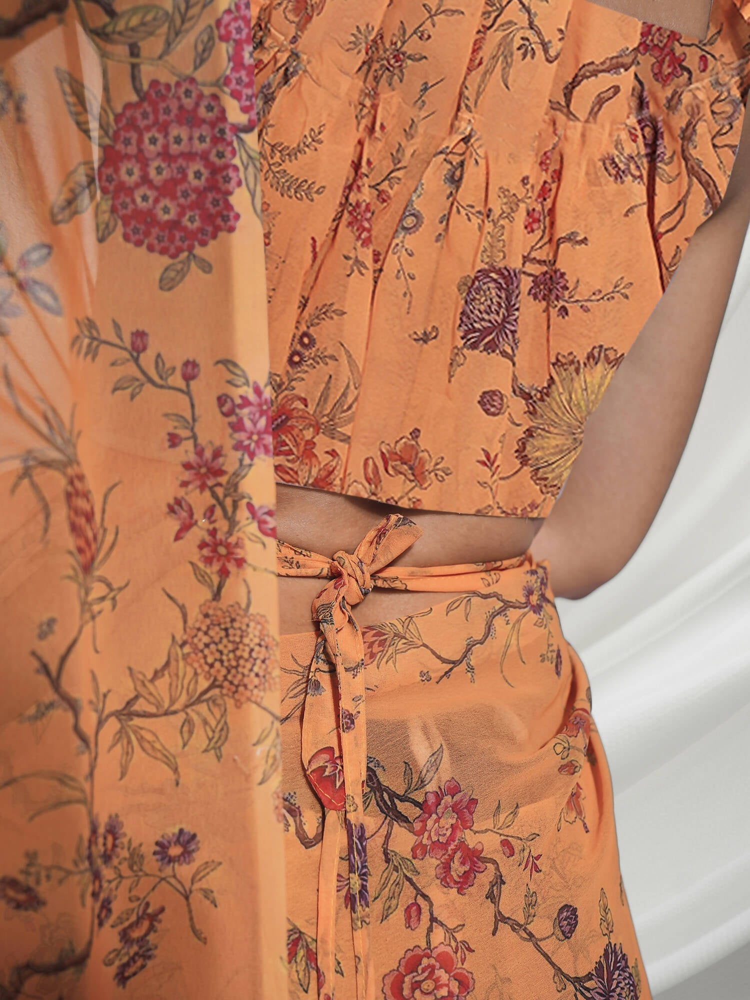 Orange Georgette Floral Printed Saree With Unstitched Blouse Piece - Rajal | Grocsy