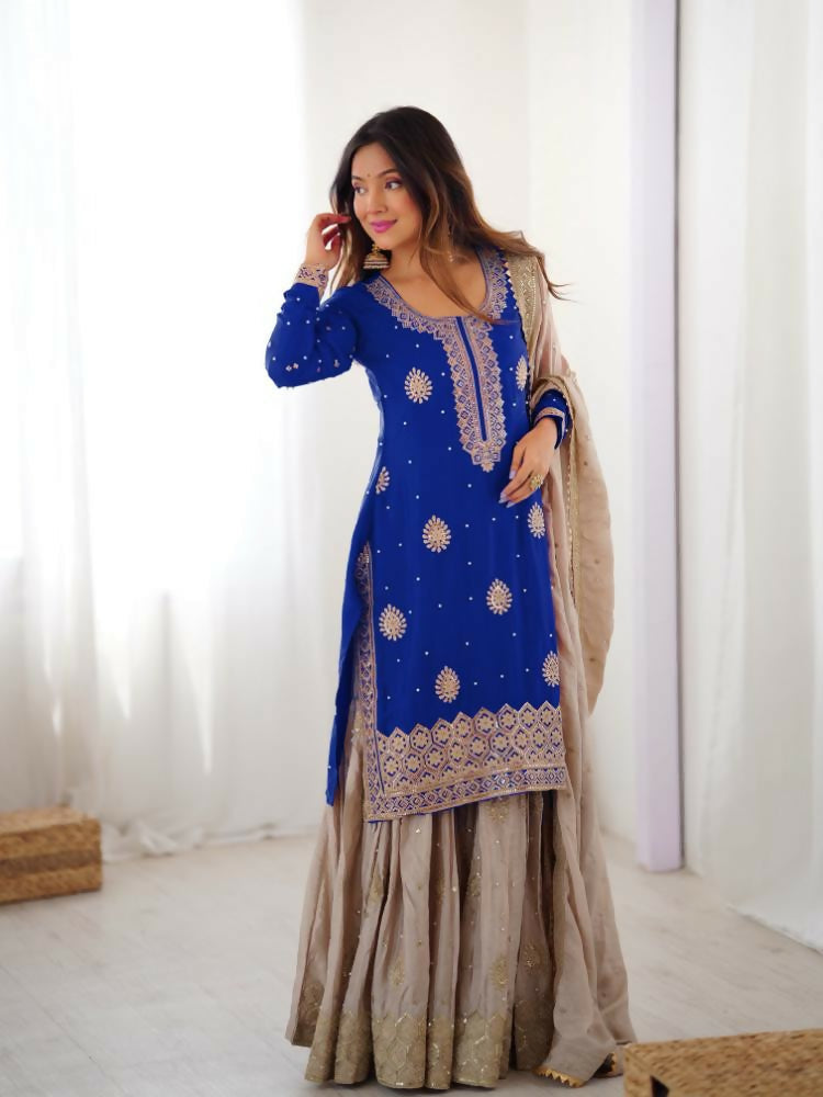 Lehenga Mart Designer Sharara Suit With Kurta, Sharara, Dupatta For Women-Blue | Grocsy
