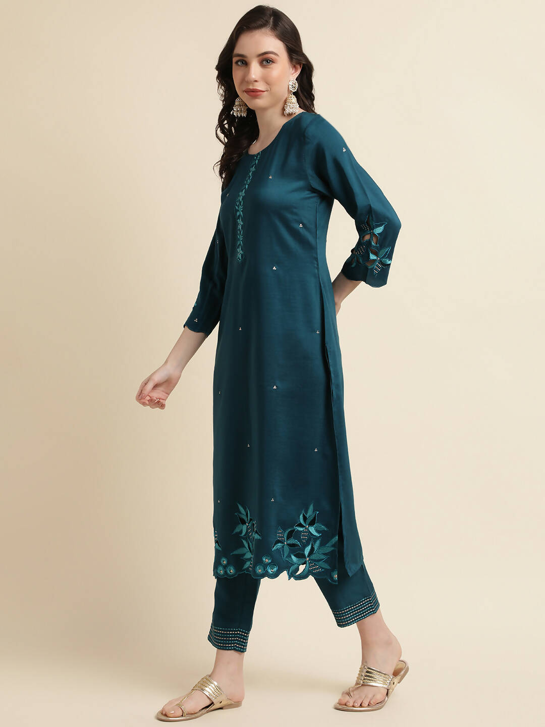 Teal Chinon Silk Embroidered Straight Kurta with Trouser & Dupatta - Salimar | Grocsy