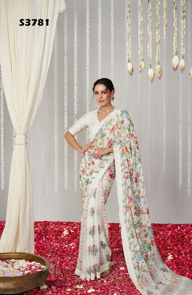 Off White Bright Moss Designer Digital Printed Party Wear Saree - Be Verly | Grocsy