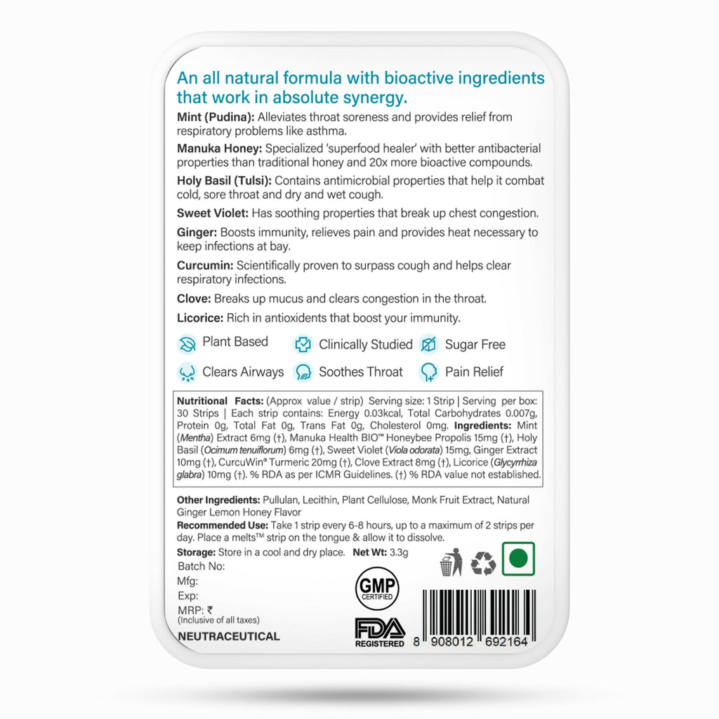 Wellbeing Nutrition Melts instant Throat Relief Oral Strips-Soothing Ginger Lemon Honey Flavor | Grocsy
