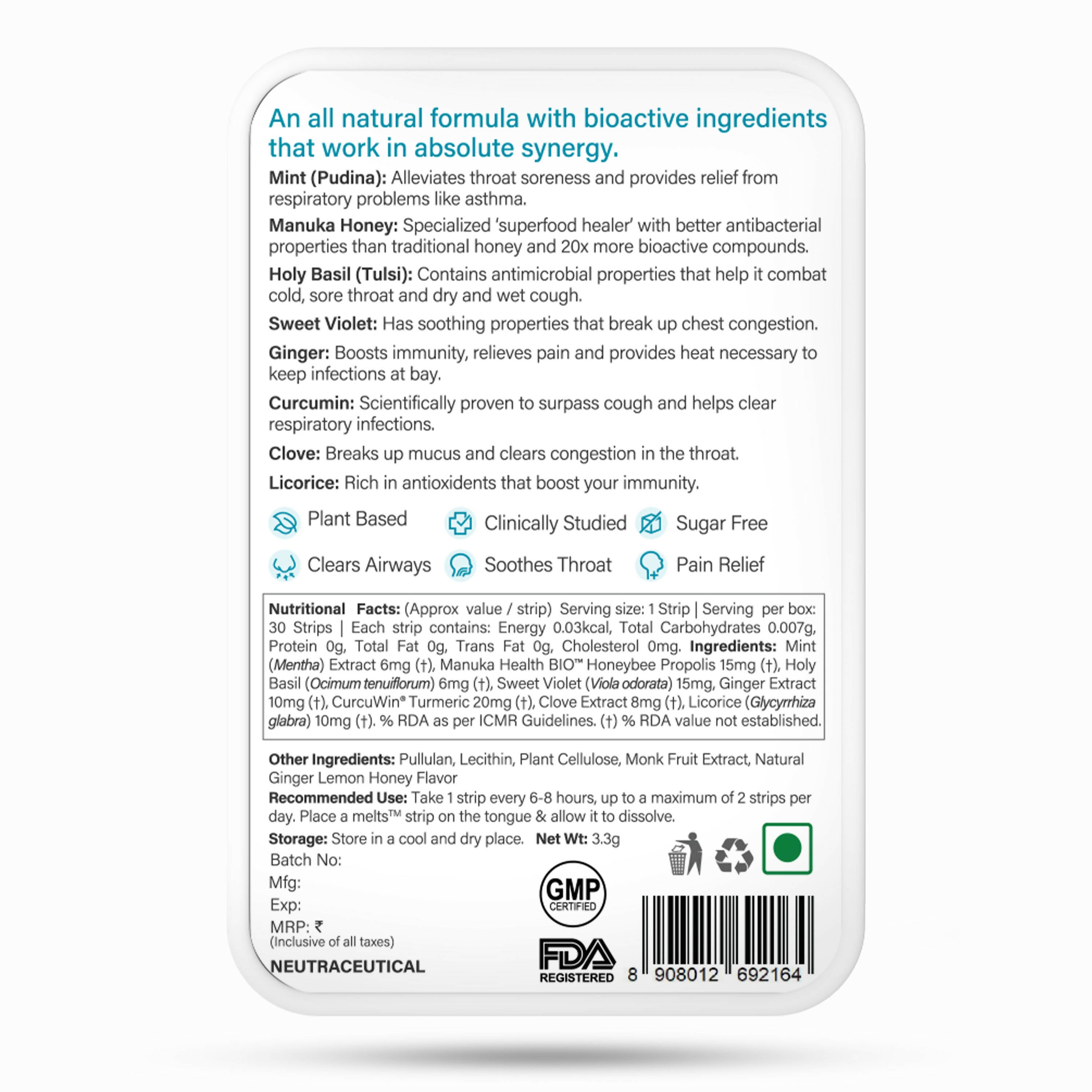 Wellbeing Nutrition Melts instant Throat Relief Oral Strips-Soothing Ginger Lemon Honey Flavor | Grocsy