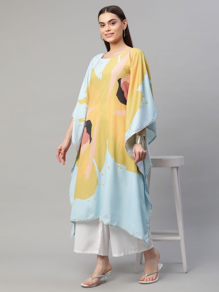 Ahalyaa Women Yellow Crepe Digital Printed Kaftan Kurta with Palazzos | Grocsy