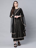 Ahalyaa Women Black Poly Silk Gold Printed Anarkali Kurta Palazzo Set With Dupatta | Grocsy
