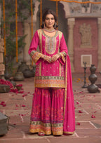 Anaita Rani-Pink Chinon Readymade Palazzo Suit with Codding Dori & Sequence Work | Grocsy