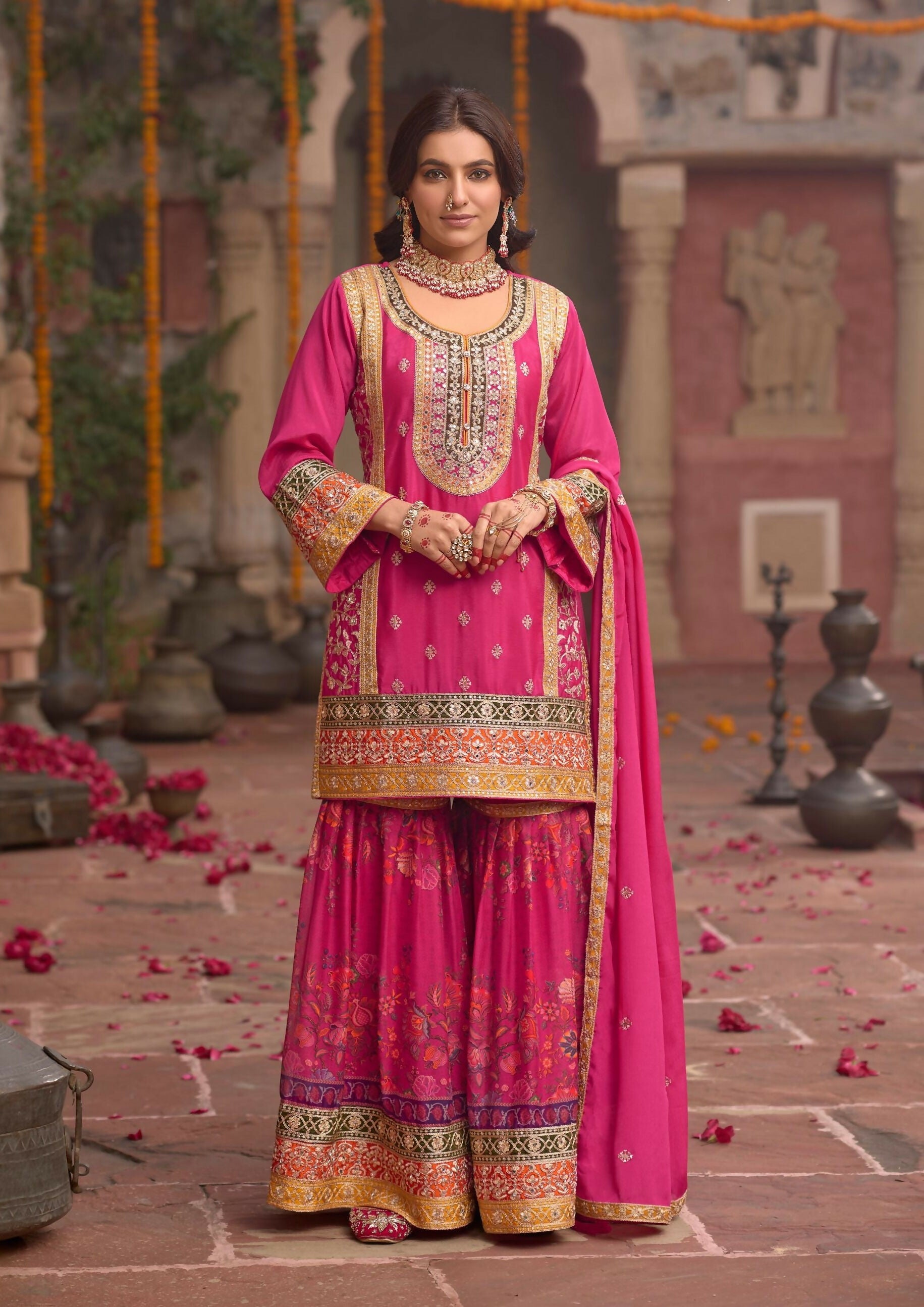Anaita Rani-Pink Chinon Readymade Palazzo Suit with Codding Dori & Sequence Work | Grocsy