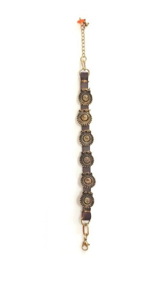 Bling Accessories Antique Brass Finish Metal Coin Charm Hand Embroidered Genuine Leather Bracelet in Mocha | Grocsy