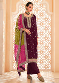 Dazzling Wine Embroidered Chinnon Palazzo Salwar Kurta - Emponline | Grocsy