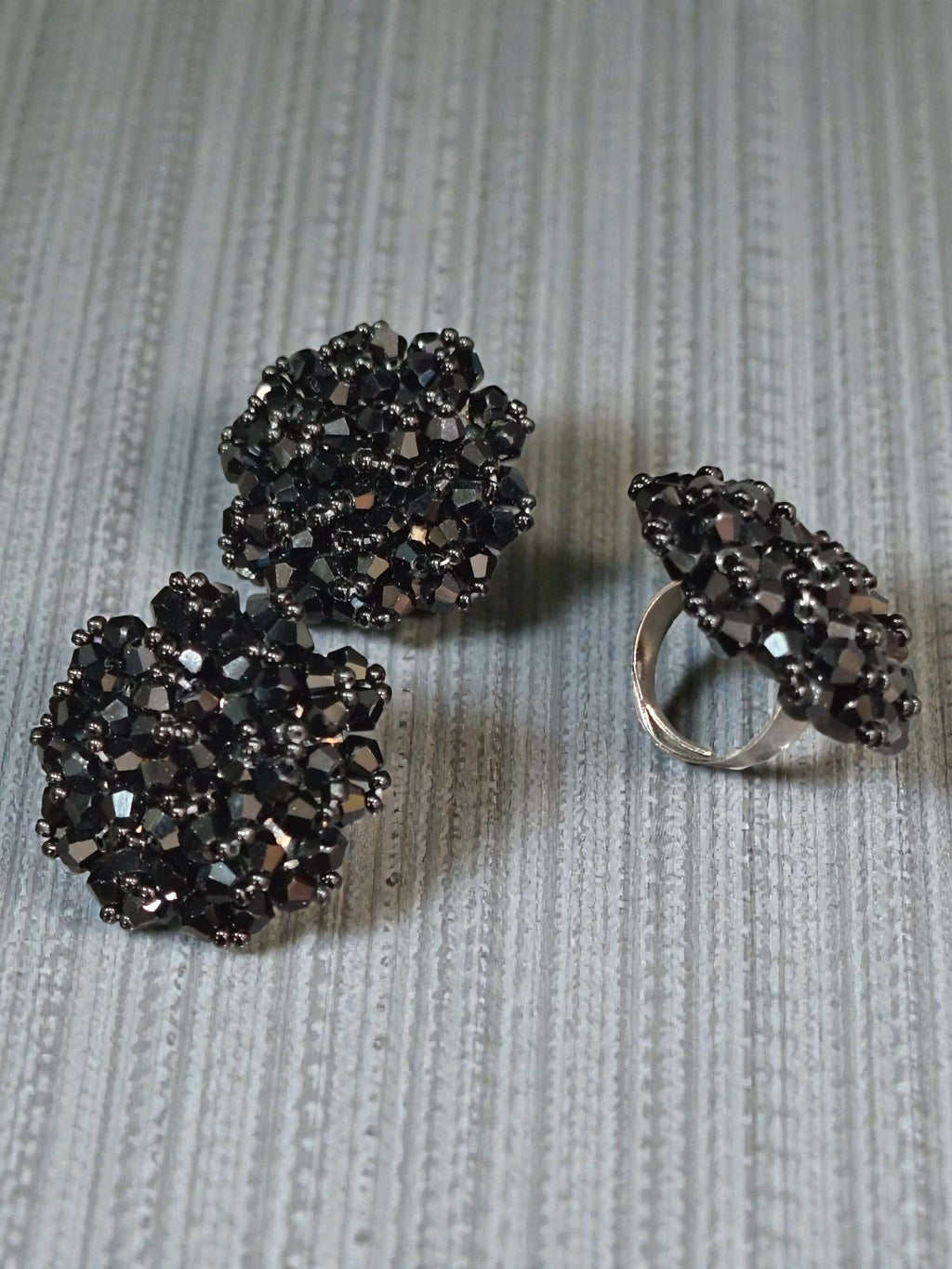 Inhanns Rangmani Crystal Duo – Adjustable Ring + Statement Earrings Set - Black | Grocsy