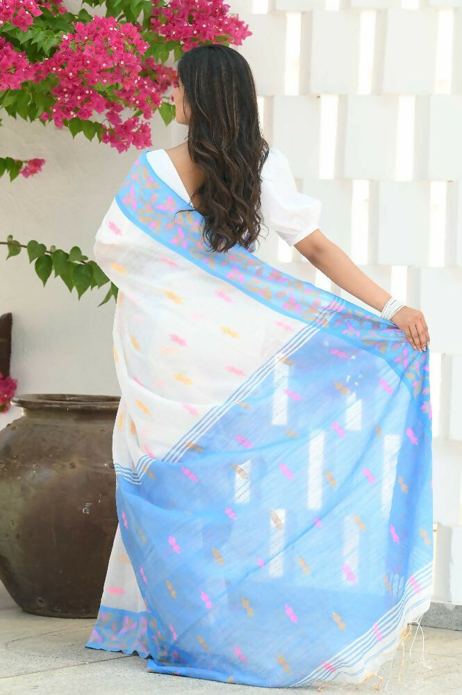Beatitude White Slub Cotton Floral Jamdani Saree | Grocsy