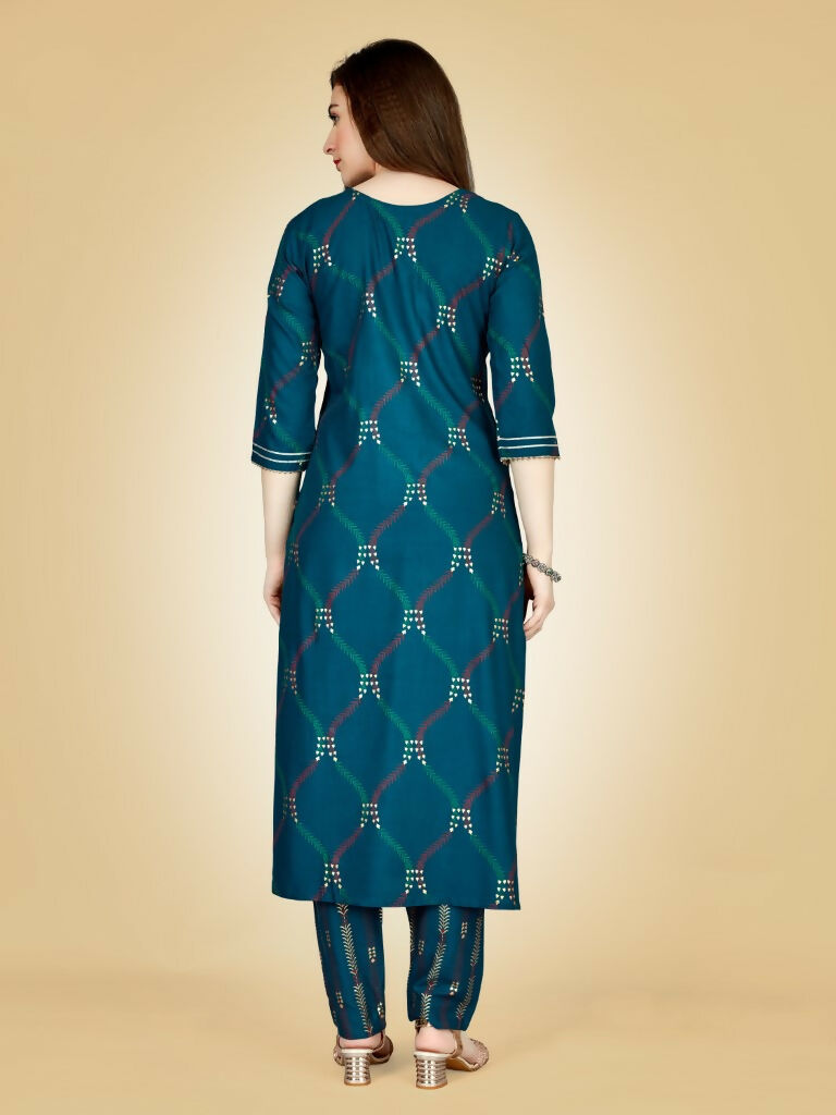 Jyoti Fashion Women's Teal Viscose Rayon Embroidered Kurta Pant Set | Grocsy