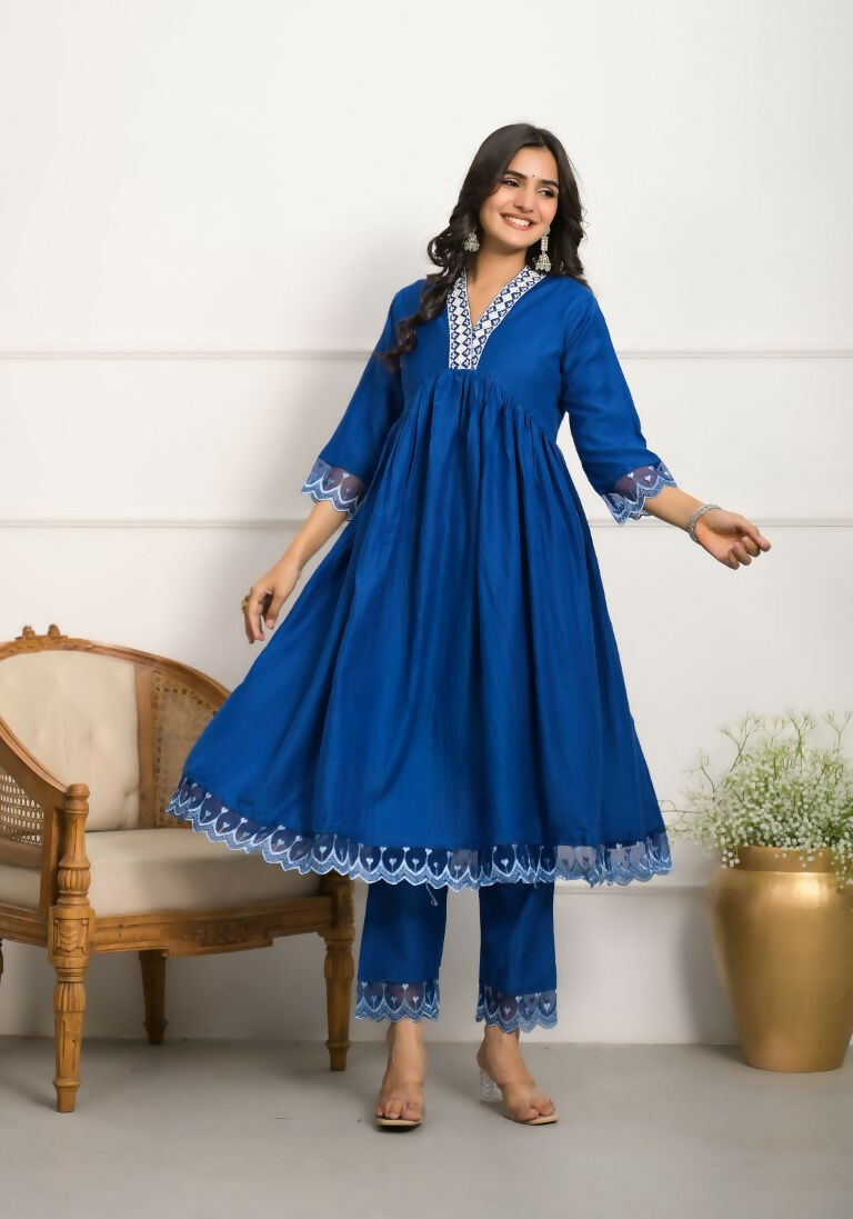 Festive Wear Ethnic Blue Silk wih cotton inner Stitched Suit With Dupatta - Tanisha | Grocsy