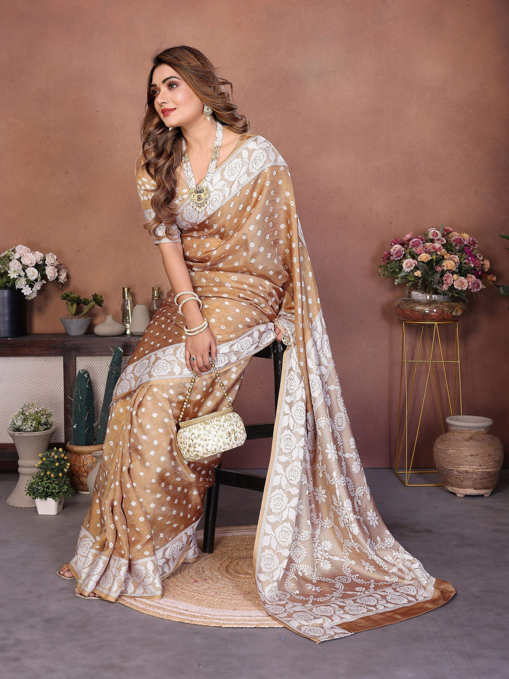 Aastha Fashion Light Brown Viscose Silk Handmade Original Bandhej Saree | Grocsy