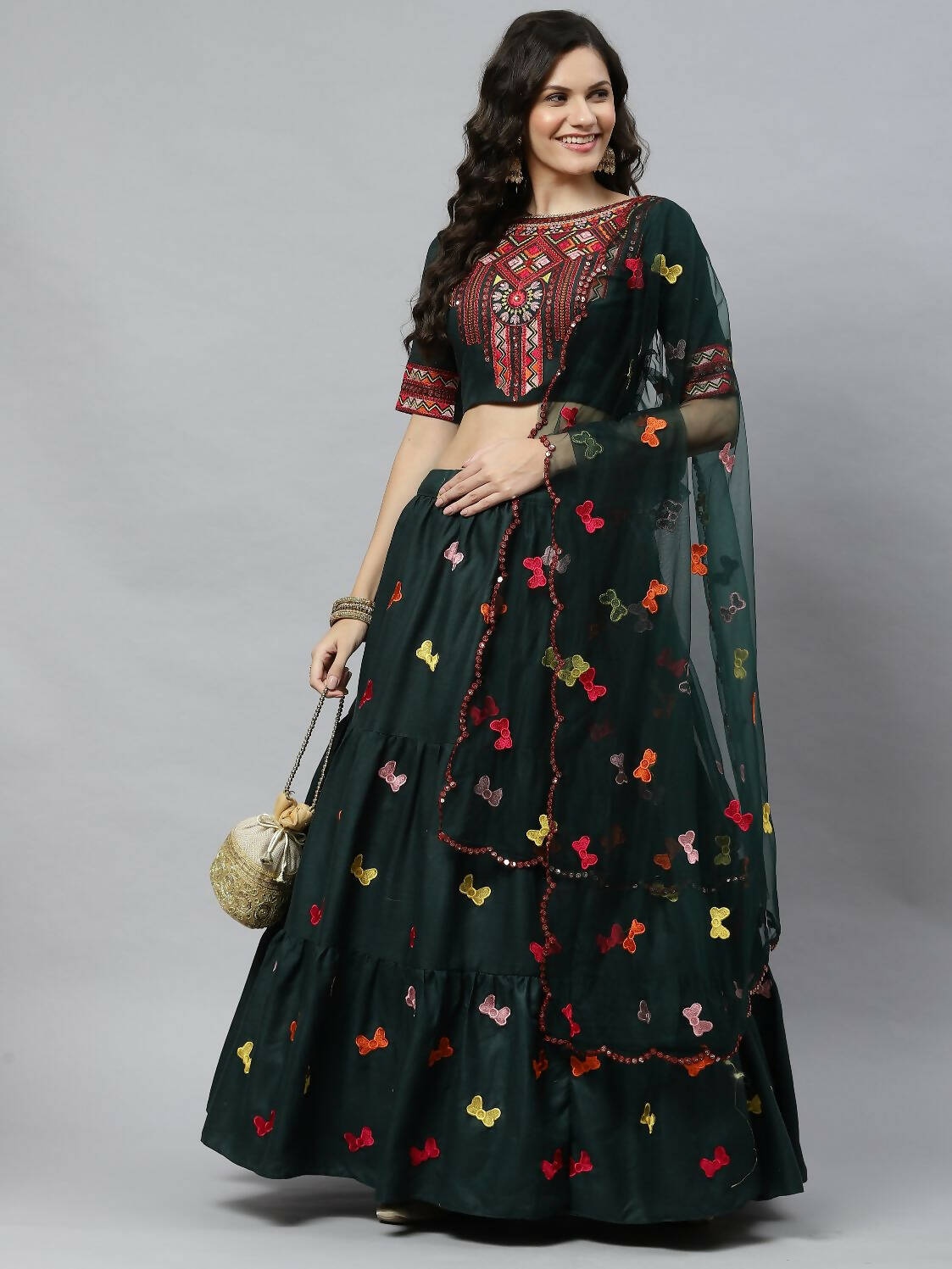 Dark Green Cotton Embroidered Work Lehenga Choli with Dupatta - Jivika | Grocsy