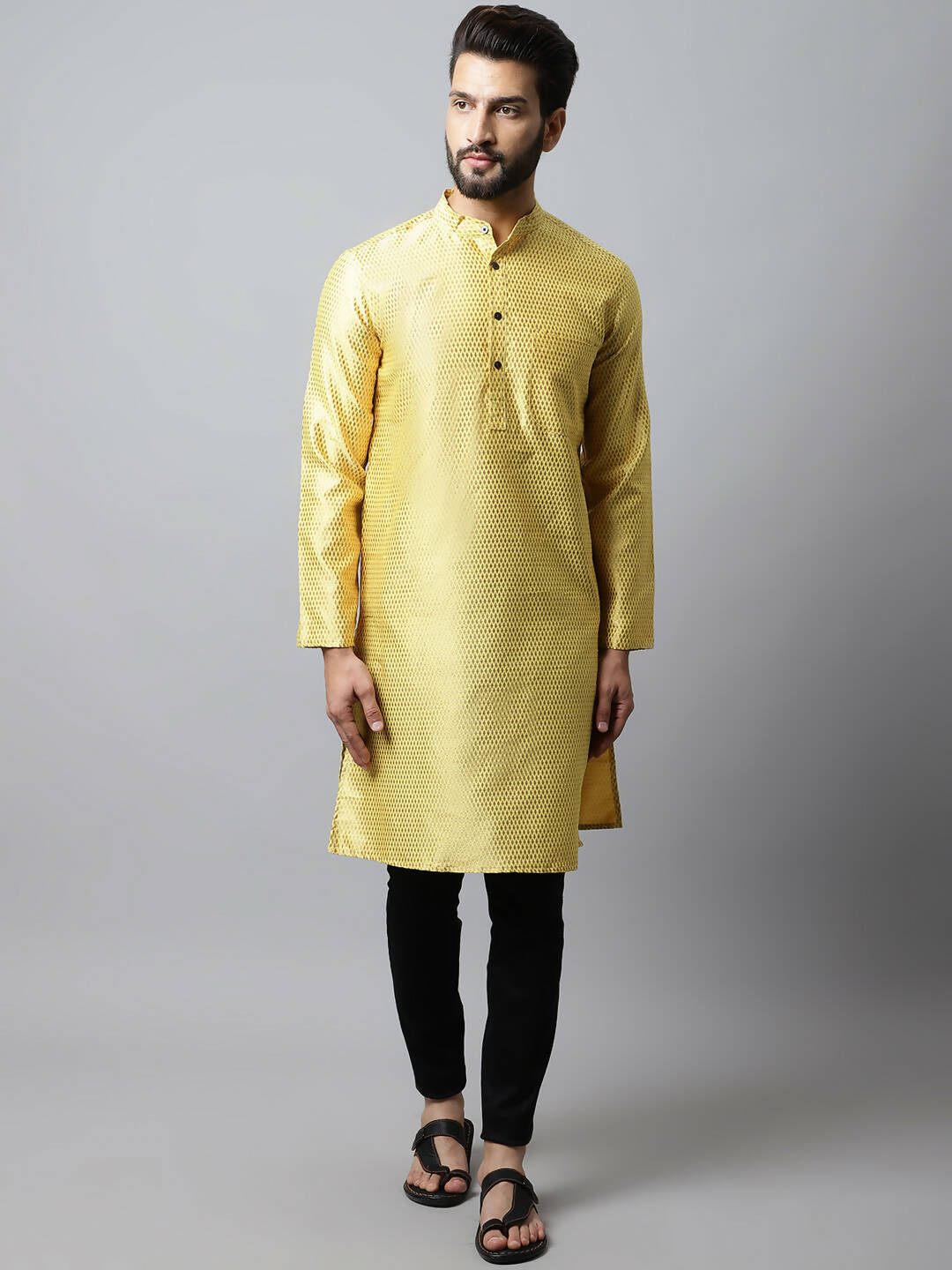 Even Apparels Yellow Color Art Silk Banarsi Silk Men's Kurta With Band Collar (BS017) | Grocsy