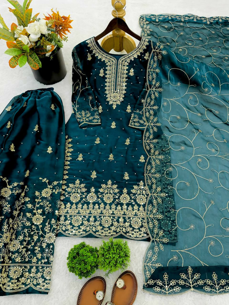 Teeya Creation Morpich Color Gymmi Silk Embroidery Work Wedding Wear Sharara Set | Grocsy