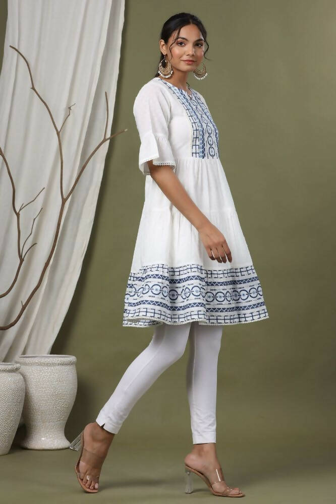 Juniper White Cotton Dobby Festive Embroidered Tiered Dress For Women | Grocsy