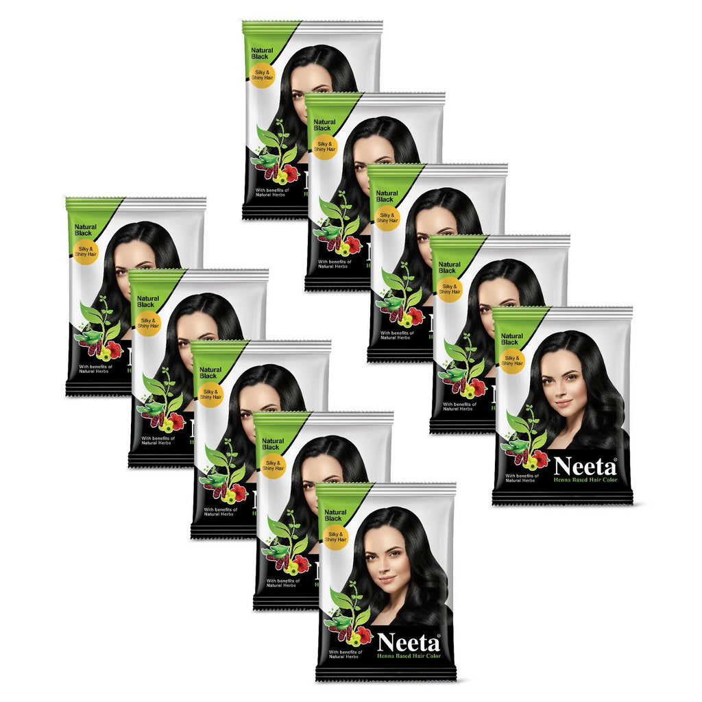 Neeta Hair Color Powder Natural Henna Based Hair Color (Pack of 10) Natural Black | Grocsy