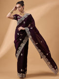 Purple Silk Embroidered Saree with Unstitched Blouse Piece - Satya | Grocsy