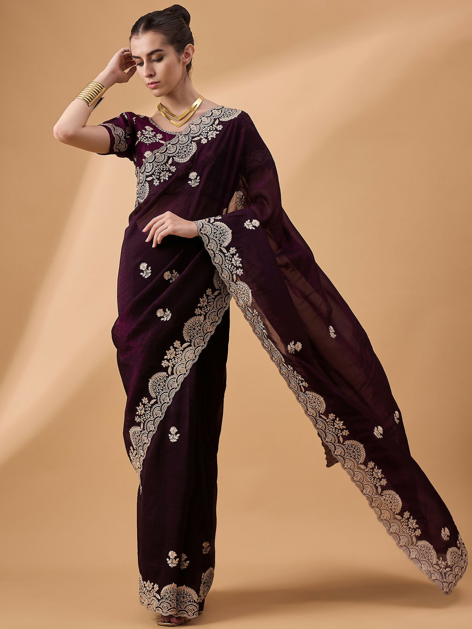 Purple Silk Embroidered Saree with Unstitched Blouse Piece - Satya | Grocsy