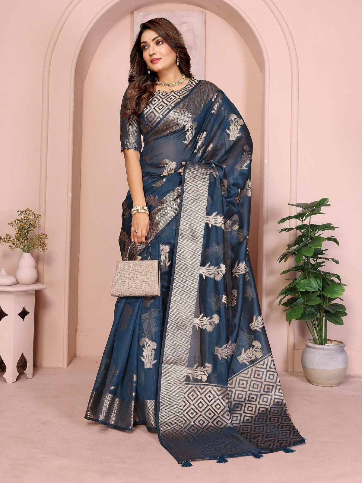 Aastha Fashion Teal Soft Organza Silk Weaving Saree | Grocsy