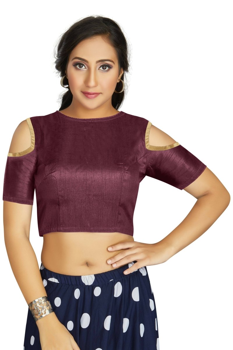 Aastha Fashion Women's Wine Art Silk Cold Shoulder Sleeve Readymade Blouse | Grocsy
