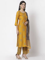 Myshka Mustard Viscose Printed 3/4 Sleeve Round Neck Kurta Pant Dupatta Set | Grocsy