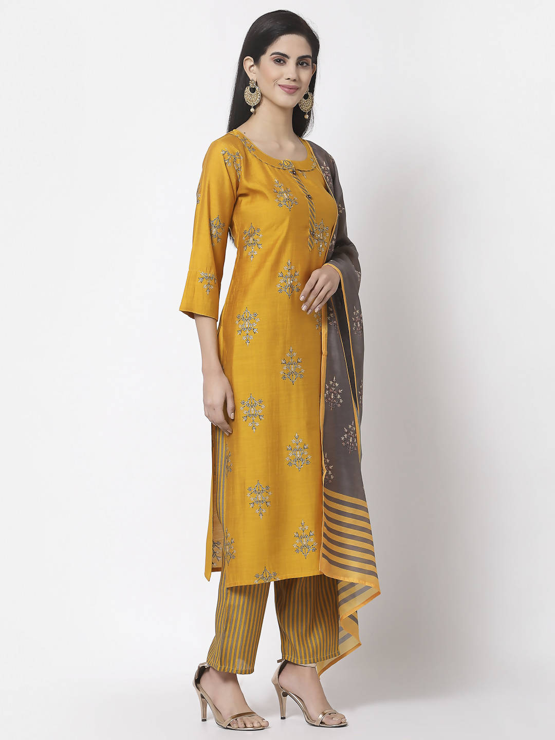Myshka Mustard Viscose Printed 3/4 Sleeve Round Neck Kurta Pant Dupatta Set | Grocsy