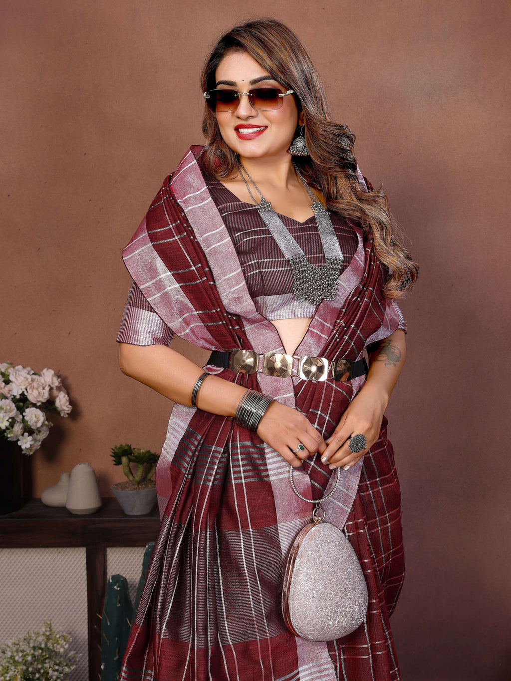 Aastha Fashion Red Linen Weaving Saree | Grocsy