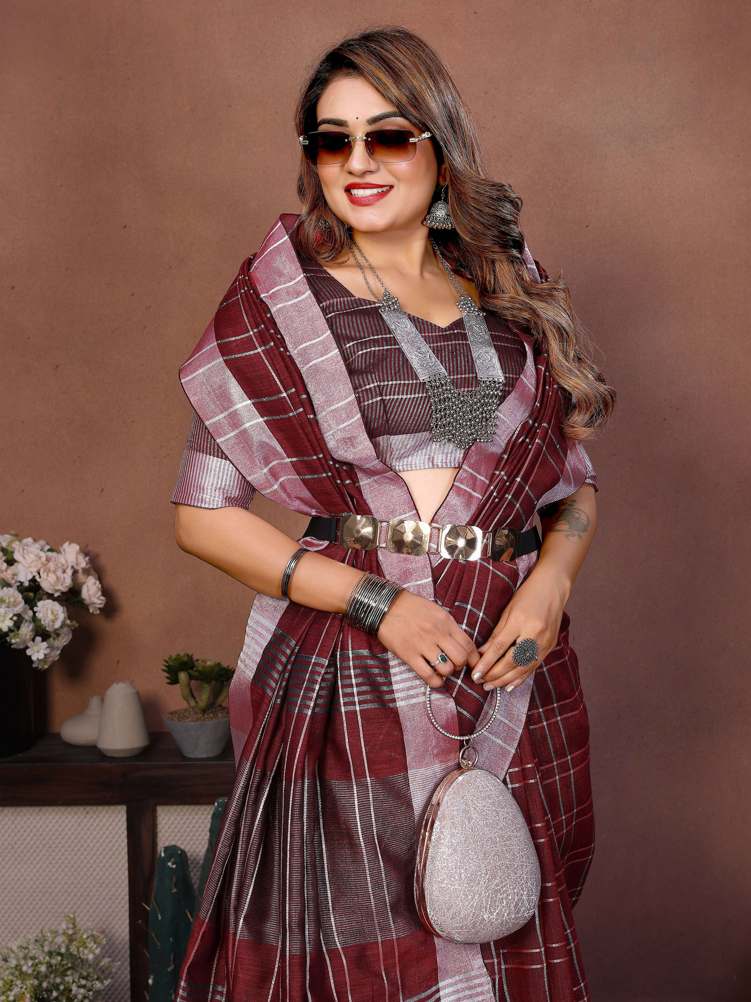 Aastha Fashion Red Linen Weaving Saree | Grocsy