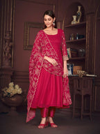 Jyoti Fashion Women's Rani Pink Georgette Embroidered Anarkali Kurta Pant Set With Dupatta | Grocsy