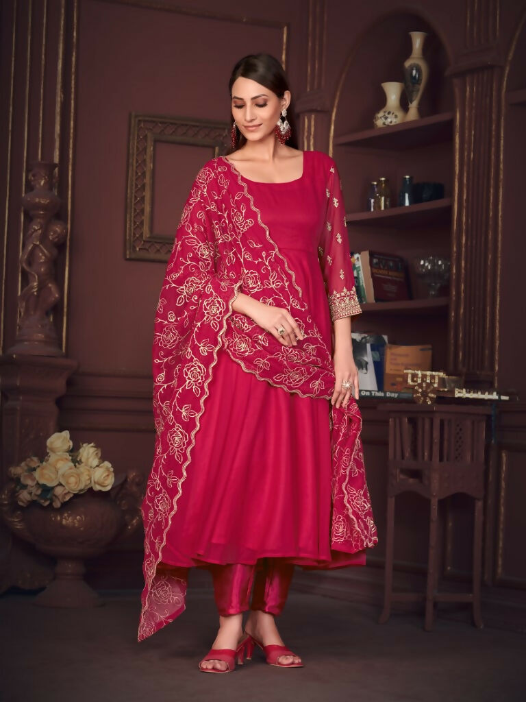 Jyoti Fashion Women's Rani Pink Georgette Embroidered Anarkali Kurta Pant Set With Dupatta | Grocsy