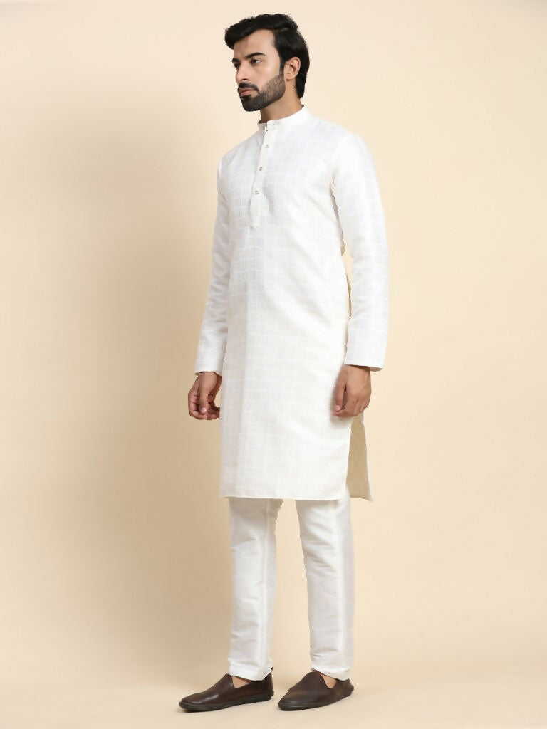 White Viscose Jacquard Woven Jacquard Designer Men's Rajwadi Kurta Set - Mahotsav | Grocsy