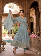 Teeya Creation Elegant Grey Embroidered Anarkali Kurta Set With Mirror Work Dupatta | Grocsy