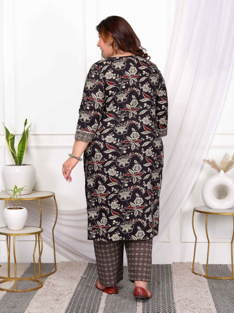 Miravan Women's Plus Size Multi Colour Floral Printed Zari Embroidery Yoke Design Kurta with Palazzo | Grocsy
