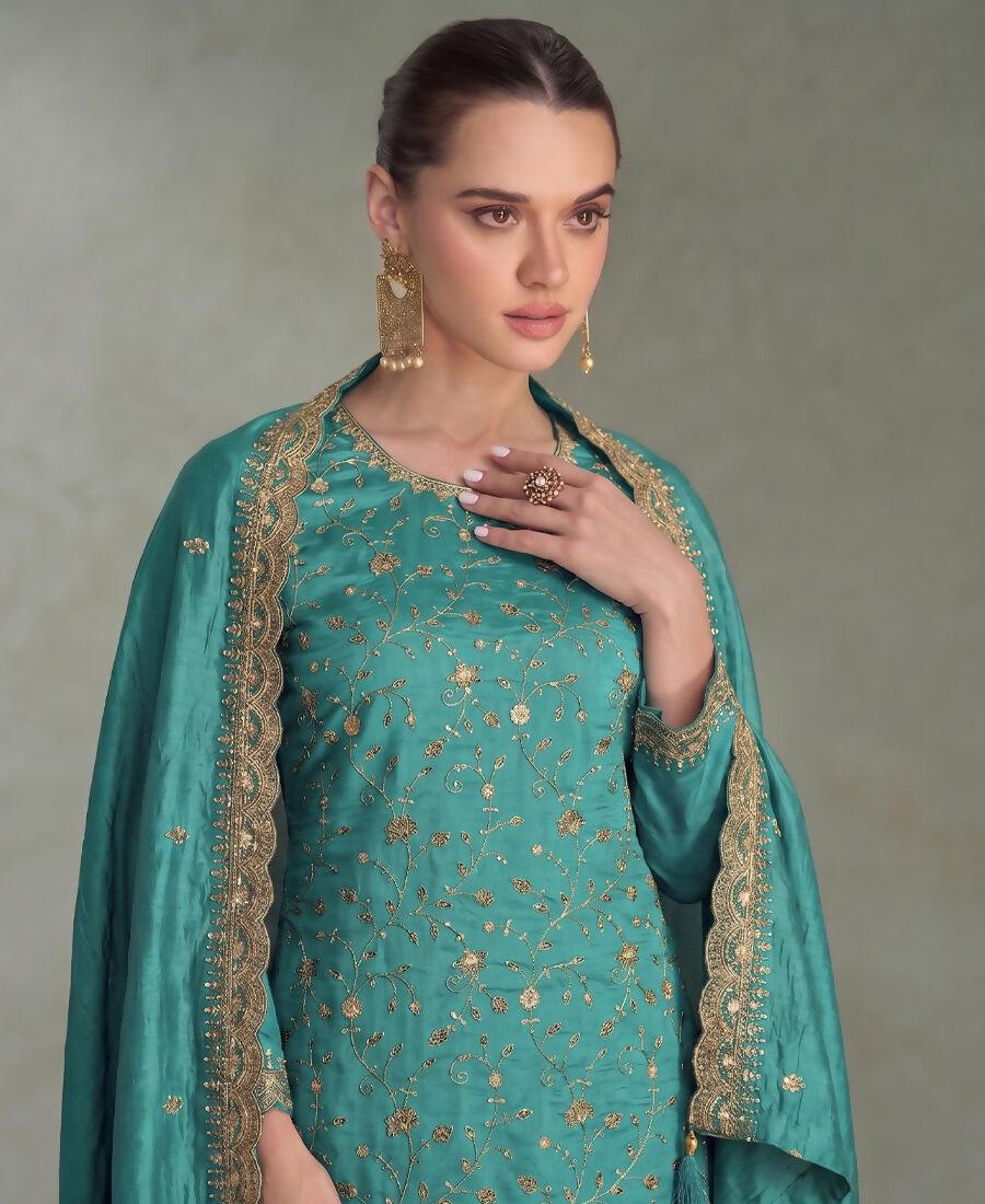 KC Sky Blue Silk Straight Suit For Women Heavy Embroidery Work | Grocsy
