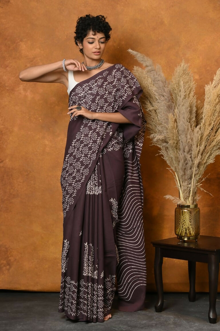 Very Much Indian Handblock Printed Cotton Saree With Natural Dyes - Brown | Grocsy