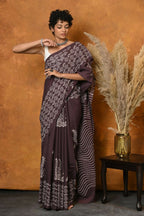 Very Much Indian Handblock Printed Cotton Saree With Natural Dyes - Brown | Grocsy